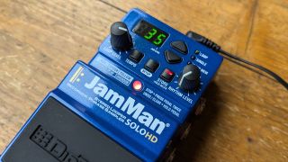 A close-up of the front panel of the DigiTech JamMan Solo HD looper pedal