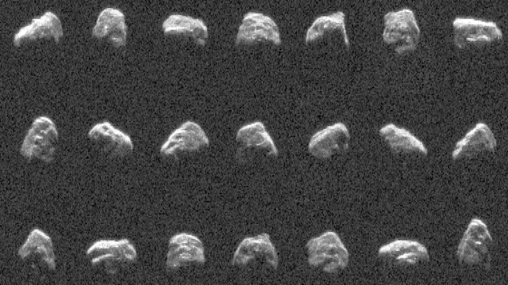 a grainy image of the same space rocket shown from many different angles, presented in three rows of seven images, all against black space