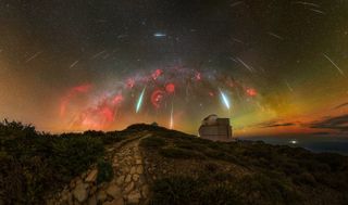 Geminid meteor shower against a colorful sky full of stars.