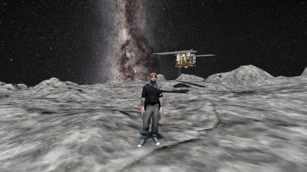 a rendered image of a man standing on the rocky grey surface of an asteroid, a space probe hovers in the distance behind him against a starry sky of space.