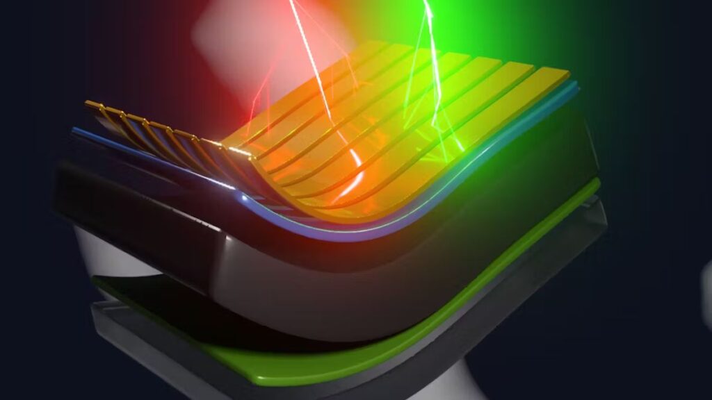 Layers of varying thickness and color are displayed to show their separateness, with an upfold on the closer end on the left. Two lasers, red and green, shoot down from above and strike the top layer, shown as bars of brownish/brass.