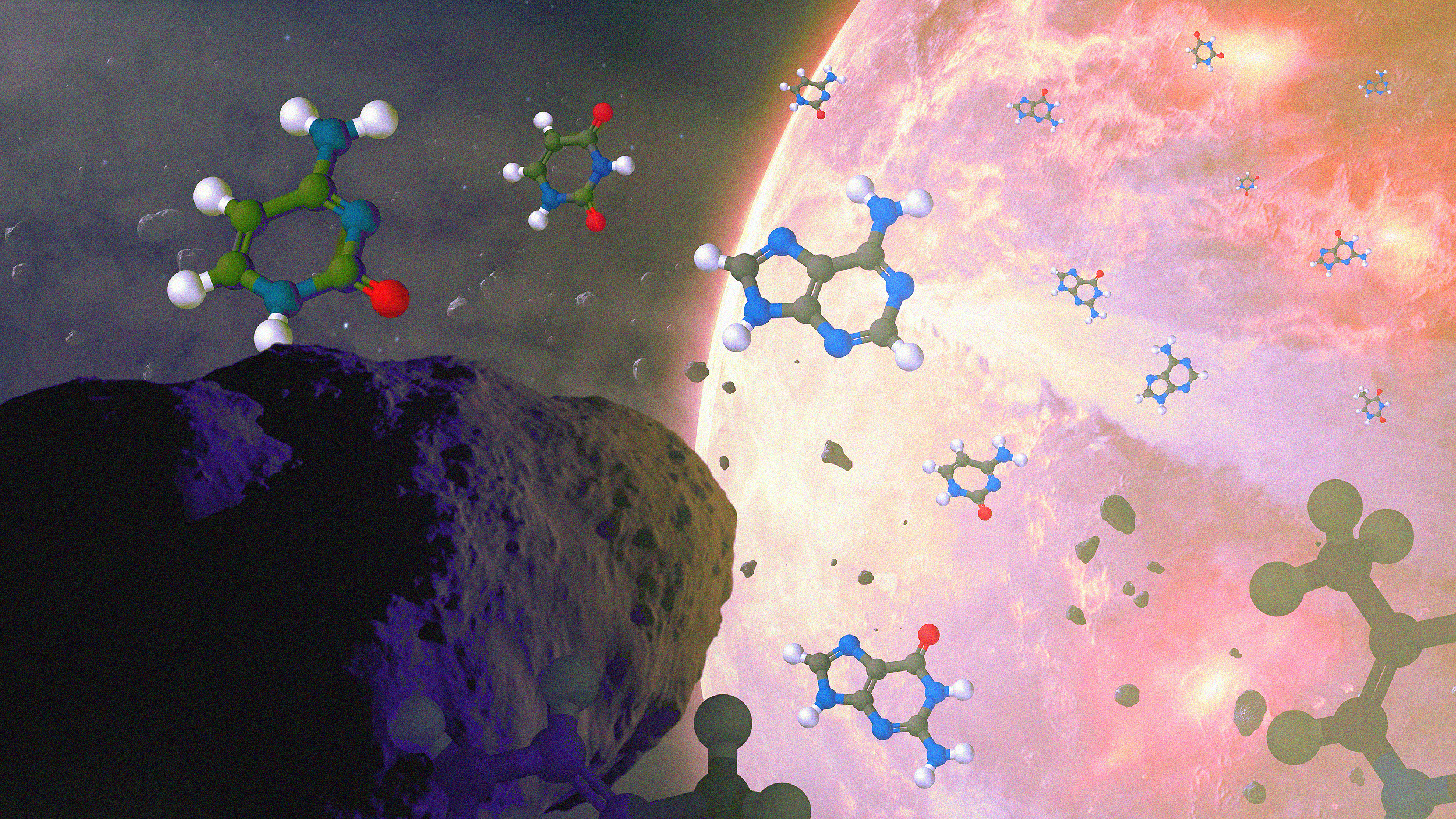 Artist's rendering of possible first life in the form of organic molecules near a space object with a starry background.