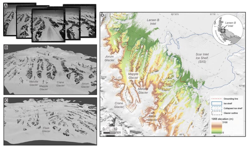 Composite image showing different perspectives of Antarctic glaciers around the Larsen B Ice Shelf. Different maps in the panels show changes in elevation, grounding lines and glacier positions, highlighting areas such as Melville, Crane, Mapple, Jorum and Flask Glaciers.