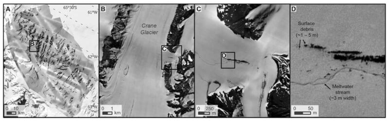 The four-panel image shows satellite photos of Crane Glacier with boxes marked for areas of interest.  Each panel gradually zooms in, culminating in a close-up view of surface debris and a stream of meltwater in the last panel.