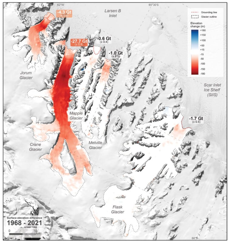 Map showing glacier surface elevation changes 1968-2021 on the Antarctic Peninsula.  Areas highlighted in red show significant elevation loss, particularly in the Mappie Glacier.  Larsen B Inlet, Crane Glacier and other landmarks are marked.