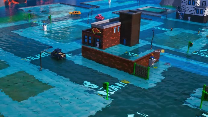 A screenshot of Lego Tycoon: Tilted Towers showing the flooded Tilted Towers.