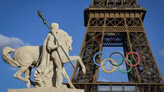 The Eiffel Tower in Paris with the Olympic rings before the Paris Olympics