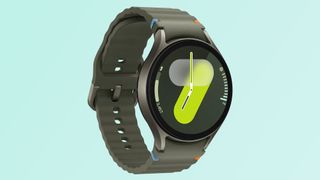 A leaked image of the Samsung Galaxy Watch 7 in forest green on a teal background