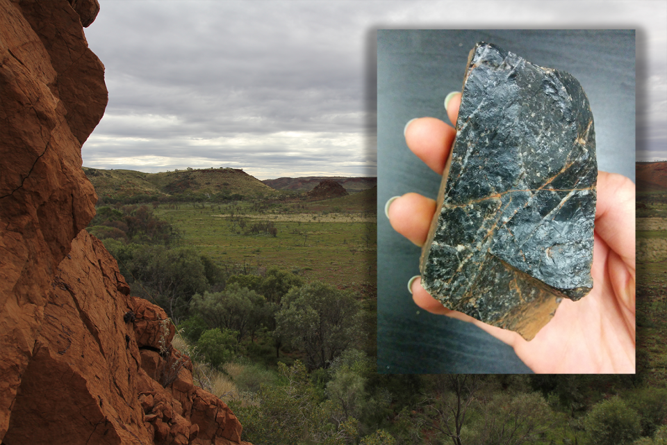 Insert - a piece of black bush.  Background - the Pilbara landscape where the rock was discovered in 2013