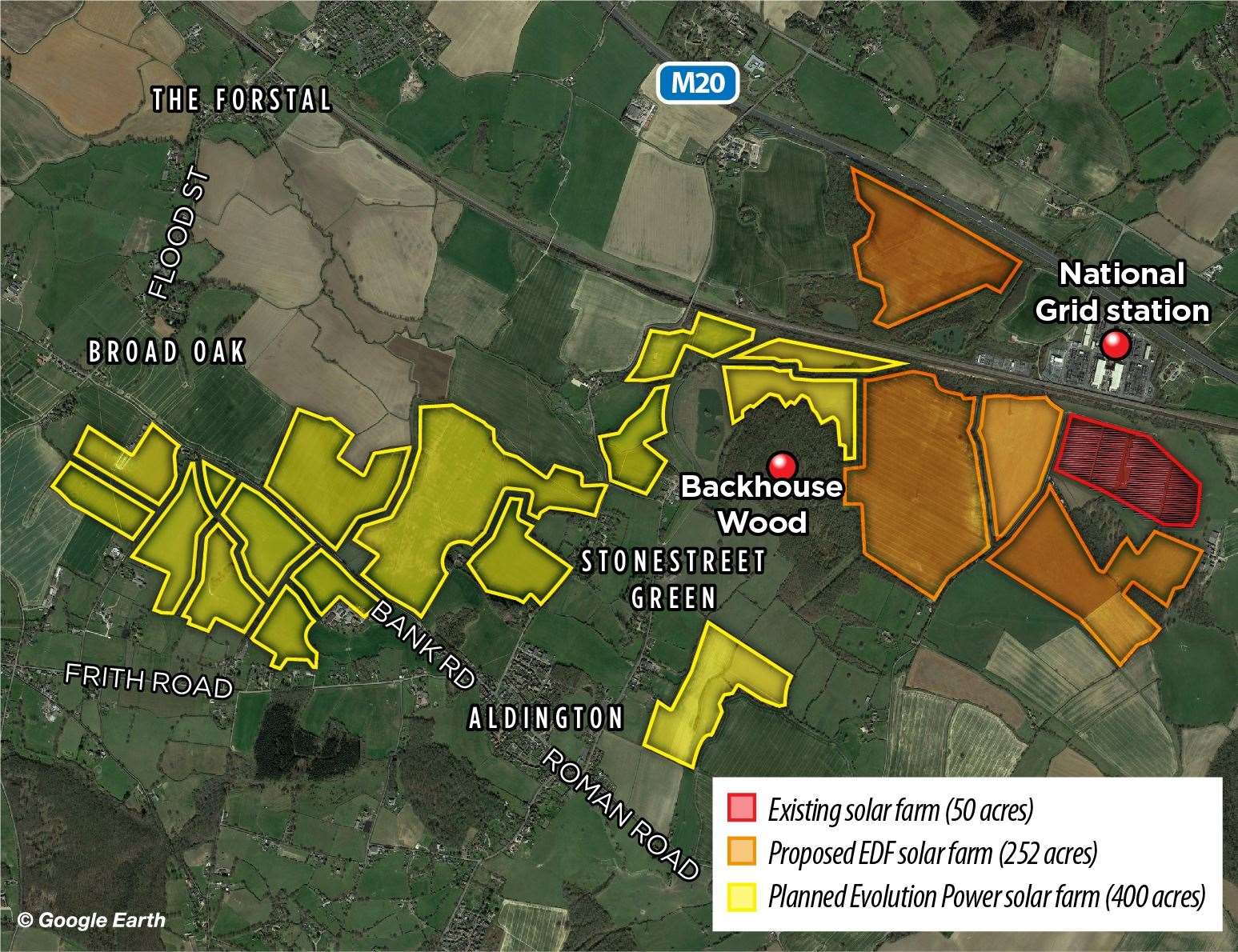 A map showing where the Aldington solar farm development would be