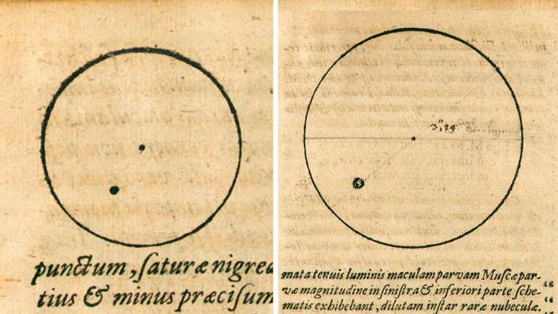 two circles side by side showing drawings of sunspots. below is latin text in italics