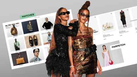 Two women in cocktail dresses stand in front of websites for fashion retailers