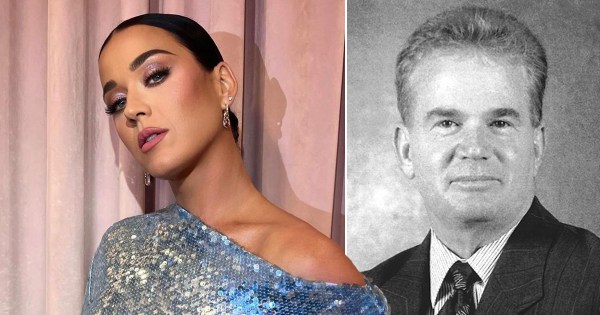 Katy Perry poses (L) next to a black and white image of Carl Westcott