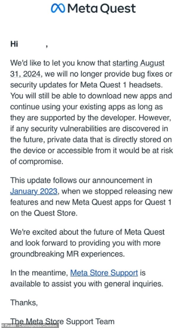 In an email sent to original customers, Meta announced that it will no longer provide software or security updates for the headset