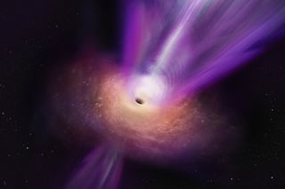 Artist's impression of a supermassive black hole surrounded by a purplish-orange disk of glowing dust and gas