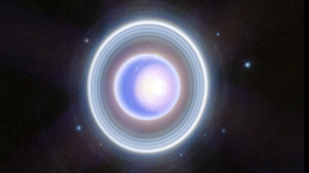 A purple sphere surrounded by alternating white and blue bands and an oter white band against a black background